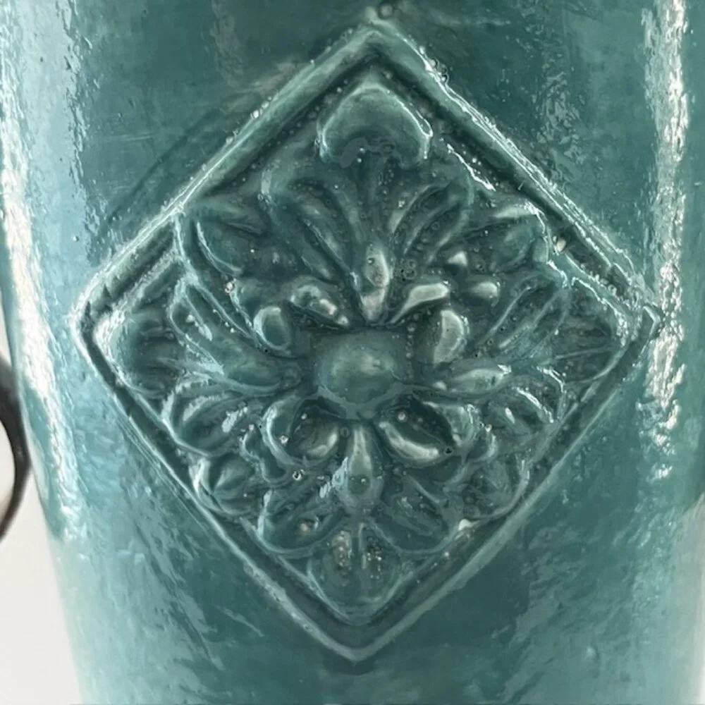 Glazed Ceramic Planter Vase Distressed Rustic Tuscan Scroll Metal Handles Aqua